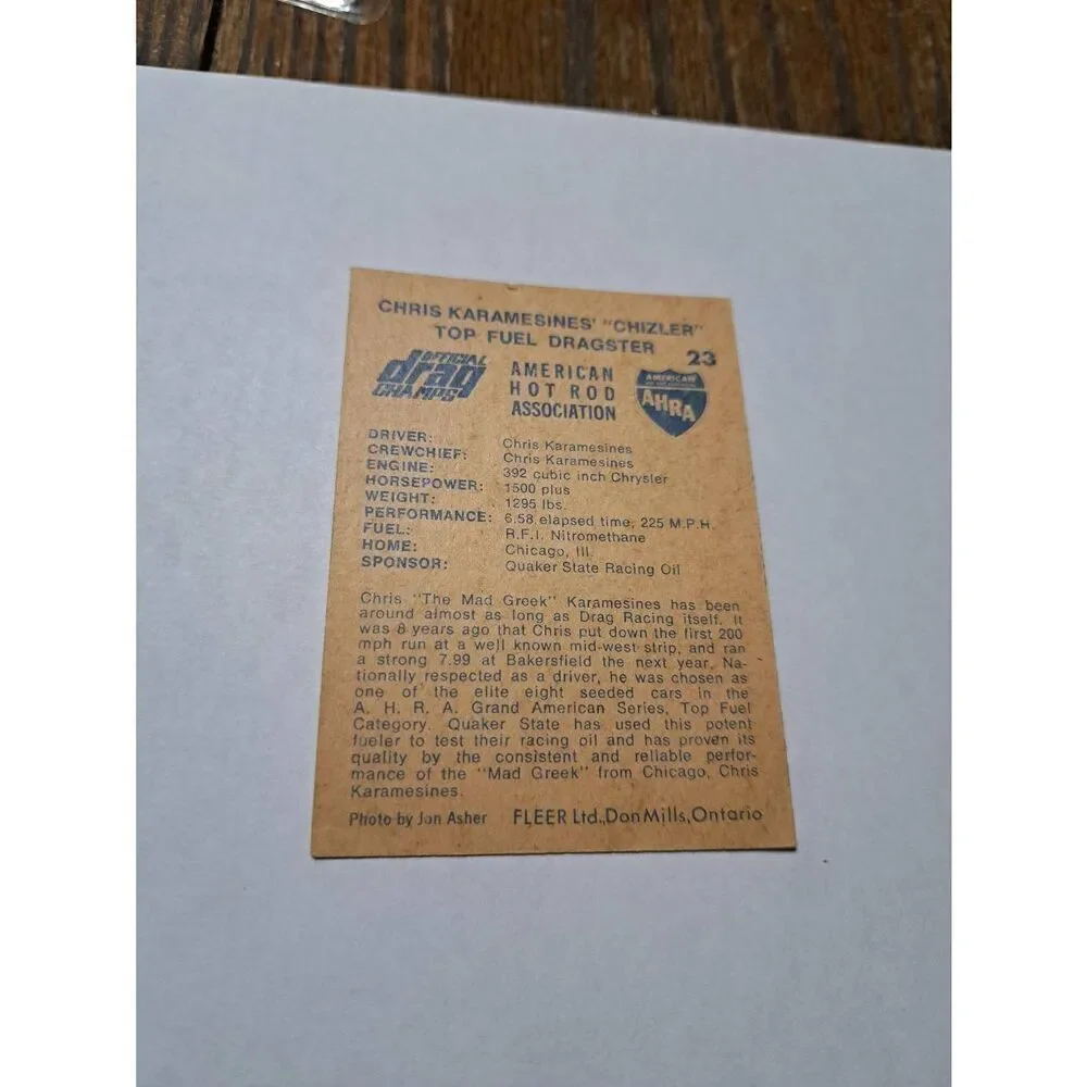 Vintage 1971 Fleer Chris Karamesines Top Fuel Dragster Race Car Trading Card #23